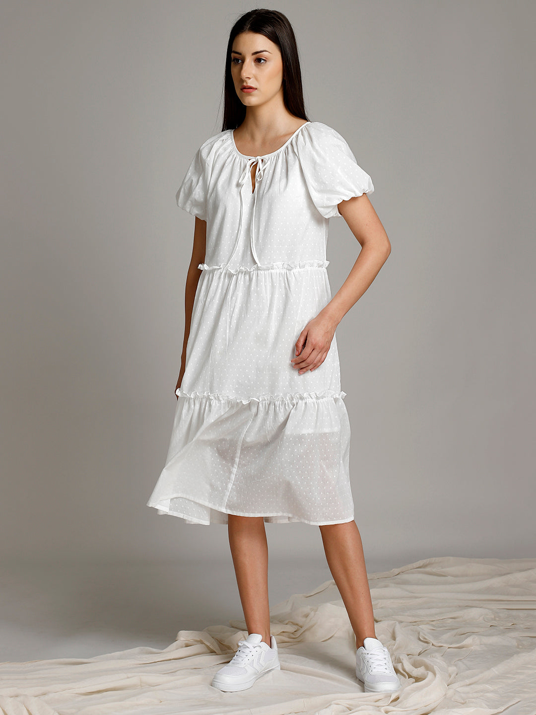 Material & Care Organic 100% Cotton & CotPUFF SLEEVE TIERED DRESS